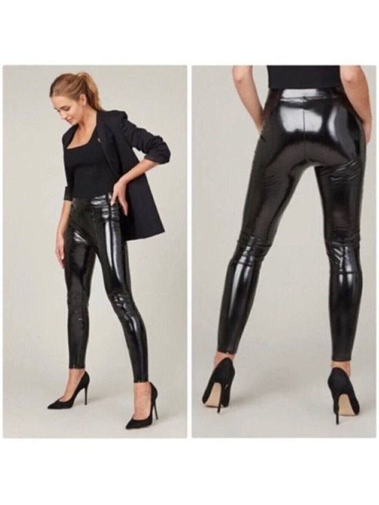 SPANX Pants - Spanx Leggings Black Faux Patent Leather Shiny High Rise Skinny Edgy Glam M